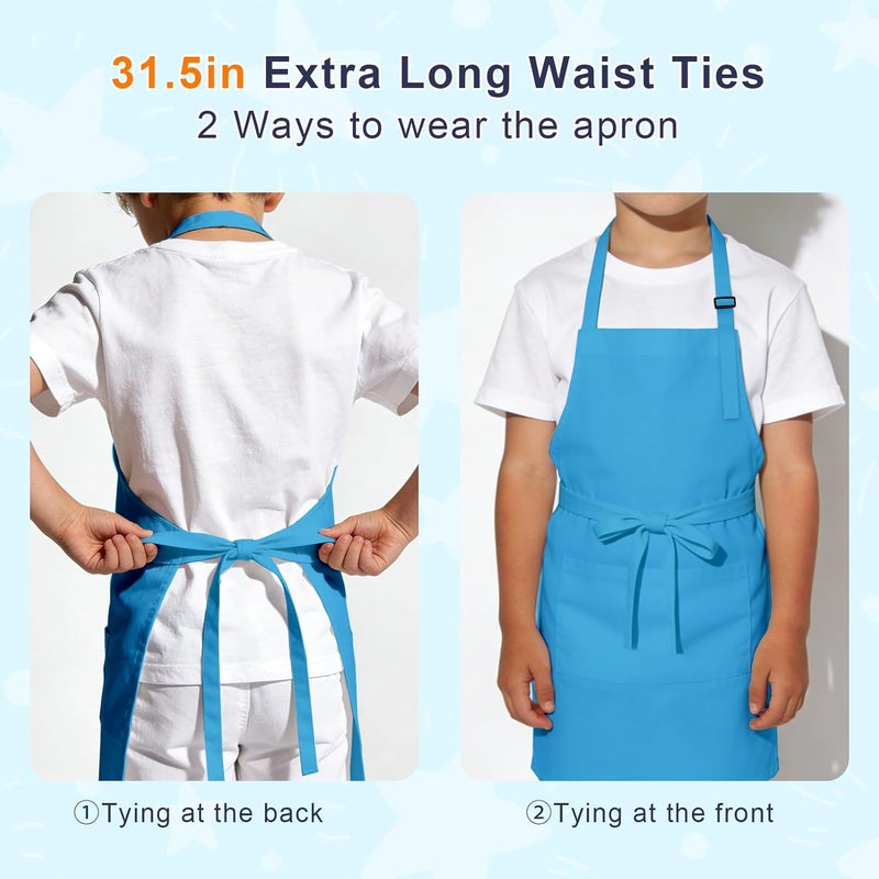 IAGBIBUI Kids Apron and Chef Hat Set, 24 Pieces Boys Girls Kids Apron with 2 Pockets Adjustable for Cooking Classroom Baking Painting, 6-13 Years, Bright Color - Image 3